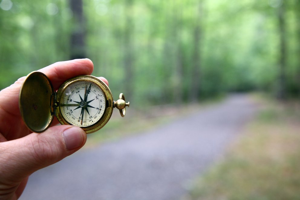 Hand hält einen Kompass auf einem Waldweg